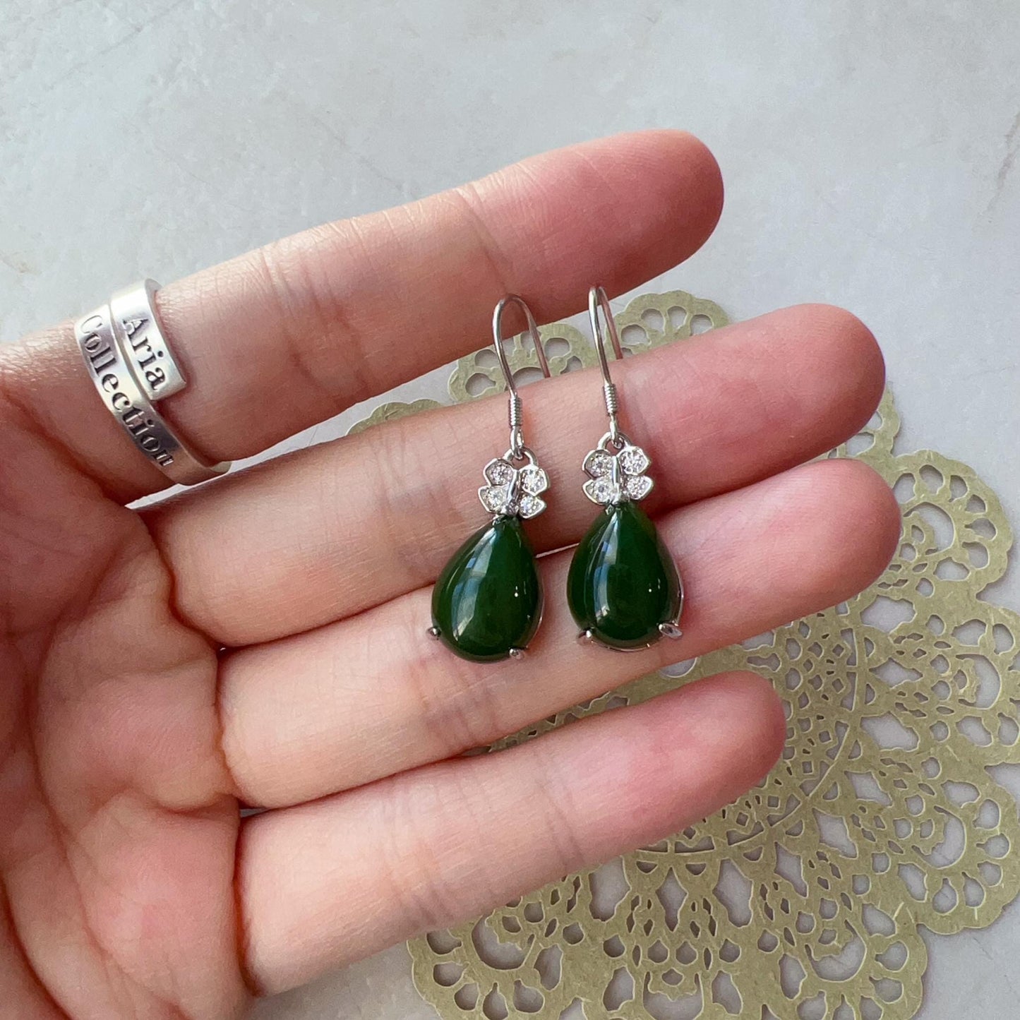 Jade Butterfly Teardrop Earrings, Green Nephrite Jade Sterling Silver Earrings, JSY-0424-12133