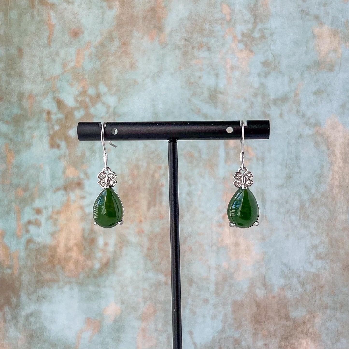 Jade Butterfly Teardrop Earrings, Green Nephrite Jade Sterling Silver Earrings, JSY-0424-12133