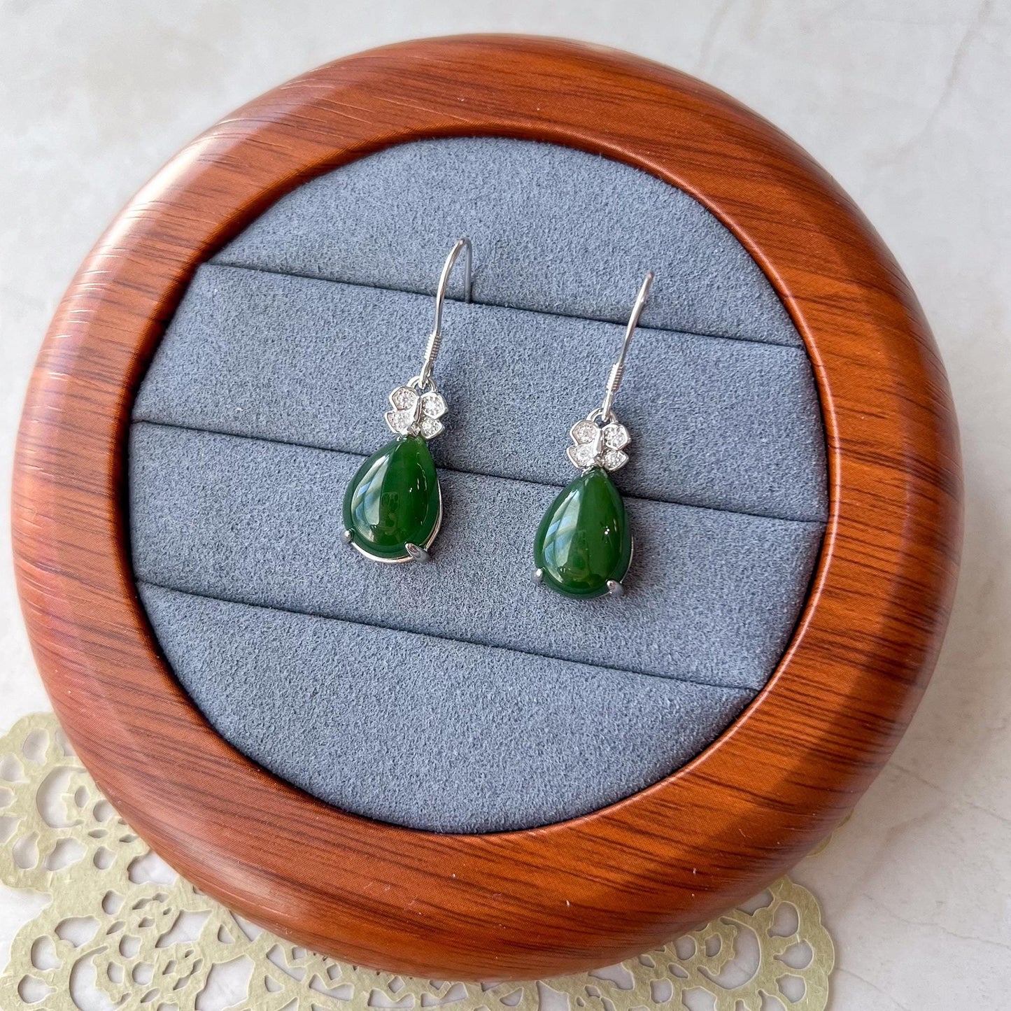 Jade Butterfly Teardrop Earrings, Green Nephrite Jade Sterling Silver Earrings, JSY-0424-12133