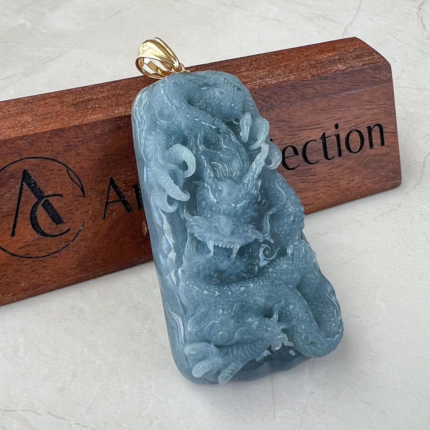 Azure Dragon Jade Pendant, Light blue purple Jadeite Jade, Hand Carved Pendant with 18K Yellow Gold, ERI-0424-1728866570