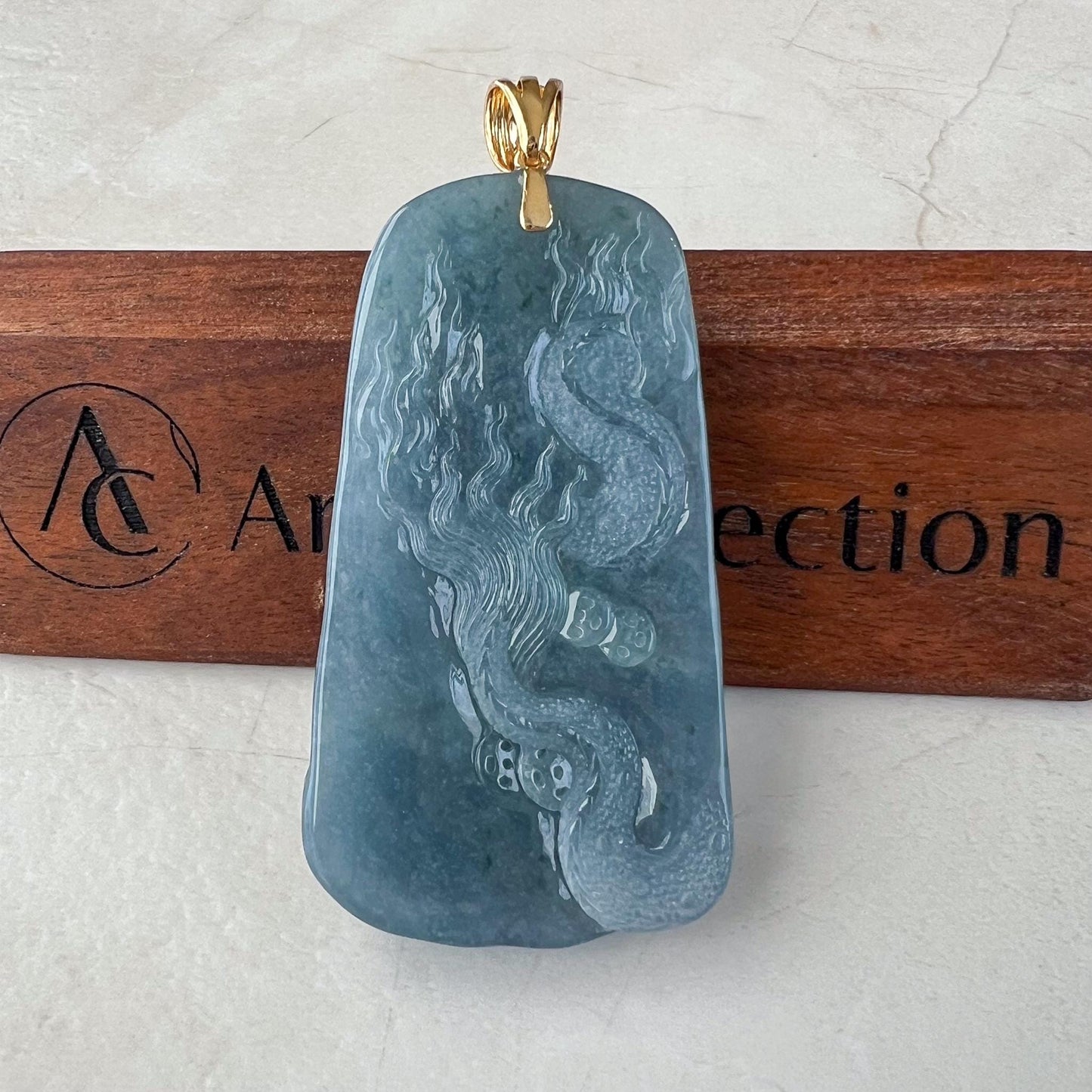 Azure Dragon Jade Pendant, Light blue purple Jadeite Jade, Hand Carved Pendant with 18K Yellow Gold, ERI-0424-1728866570