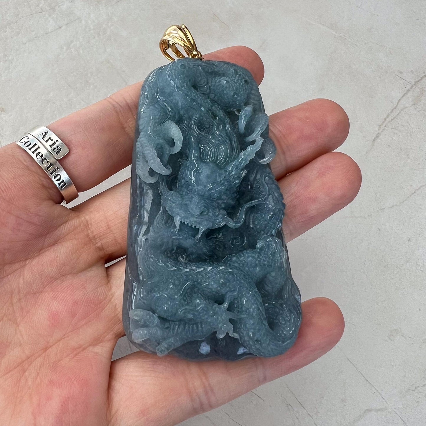 Azure Dragon Jade Pendant, Light blue purple Jadeite Jade, Hand Carved Pendant with 18K Yellow Gold, ERI-0424-1728866570