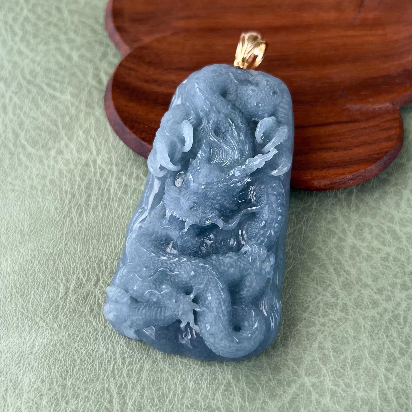 Azure Dragon Jade Pendant, Light blue purple Jadeite Jade, Hand Carved Pendant with 18K Yellow Gold, ERI-0424-1728866570