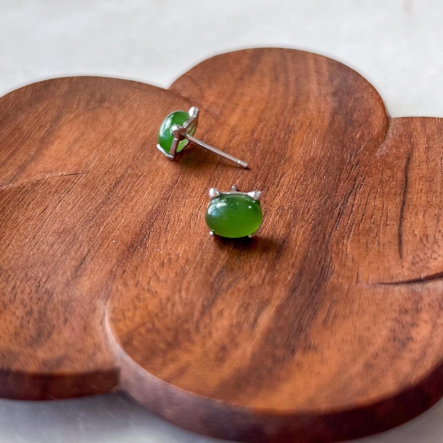 Minimalist Cat Ear Jade Earring Studs, Green Nephrite Jade Sterling Silver Earrings, JSY-0424-12121