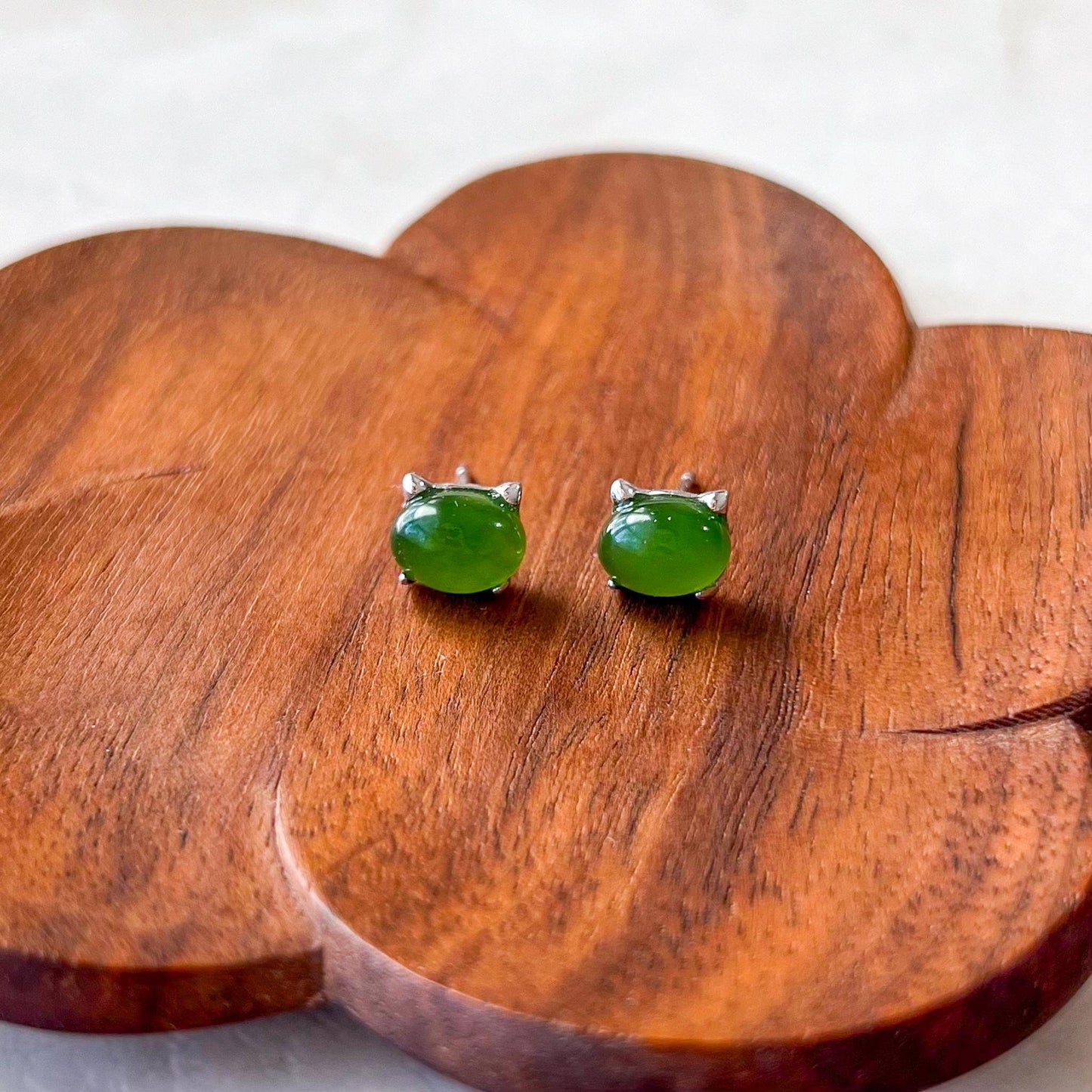 Minimalist Cat Ear Jade Earring Studs, Green Nephrite Jade Sterling Silver Earrings, JSY-0424-12121