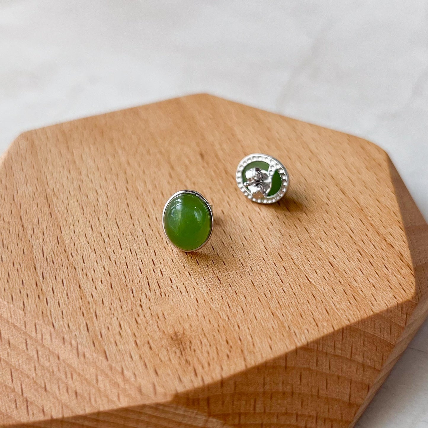 Simply Jade Earring Studs, Green Nephrite Jade Sterling Silver Earrings, JSY-0424-12123