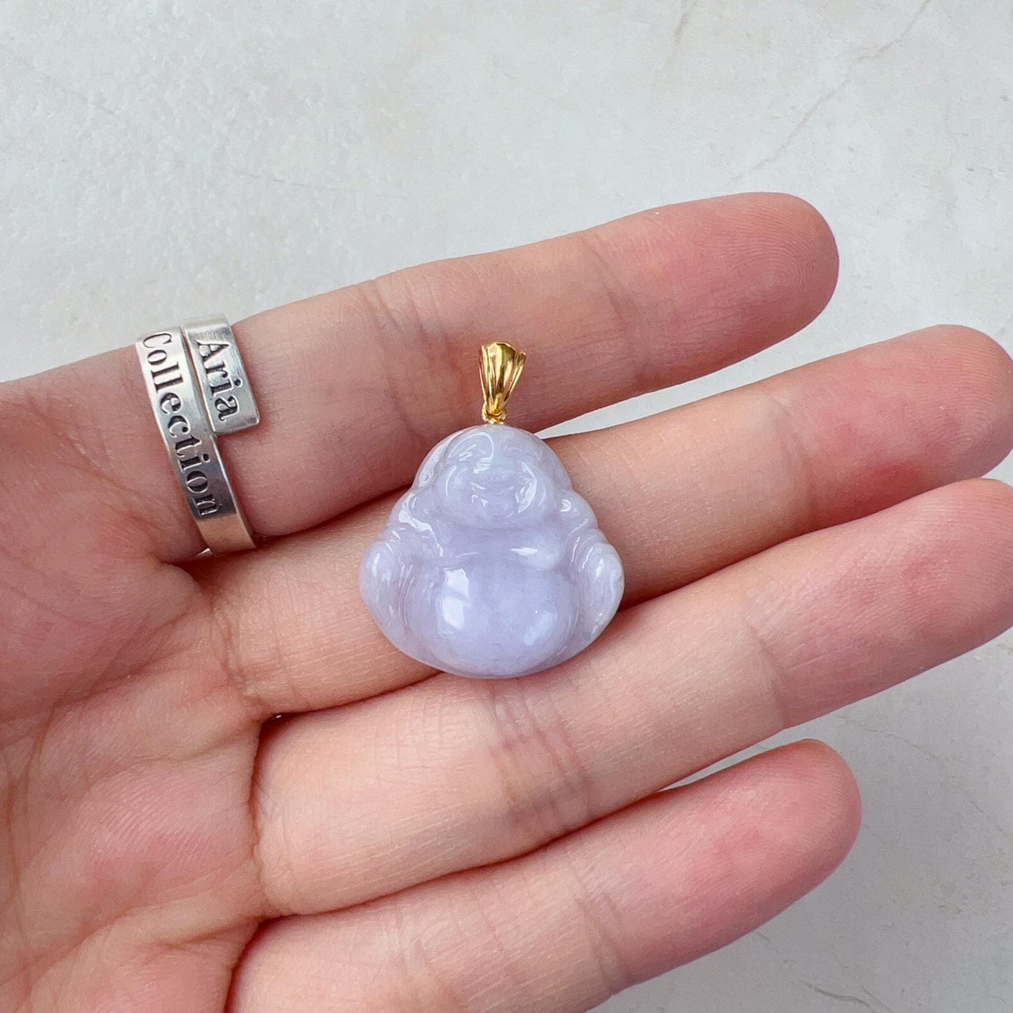 Small Purple Lavender Jadeite Jade Happy Buddha Carved Pendant with 18k Solid Gold Bail, YAR-0424-1728869981