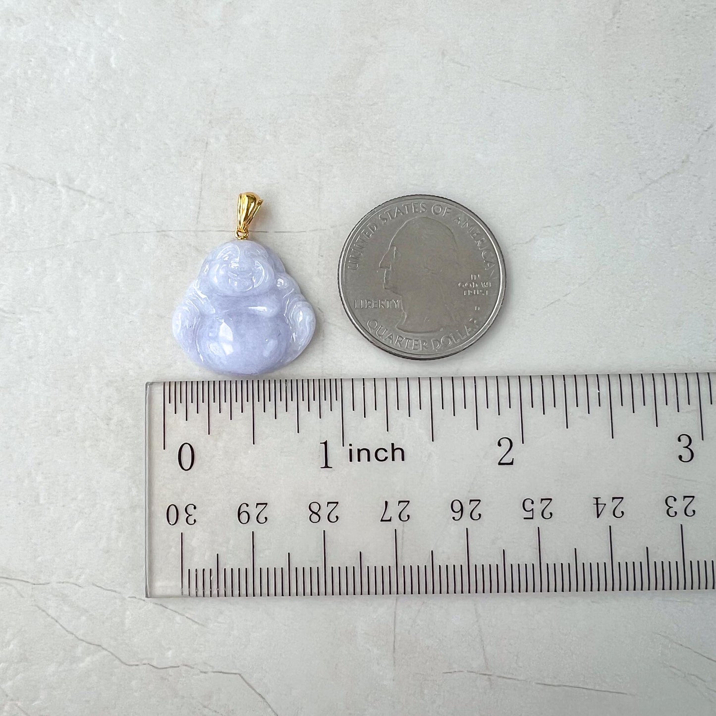 Small Purple Lavender Jadeite Jade Happy Buddha Carved Pendant with 18k Solid Gold Bail, YAR-0424-1728869981