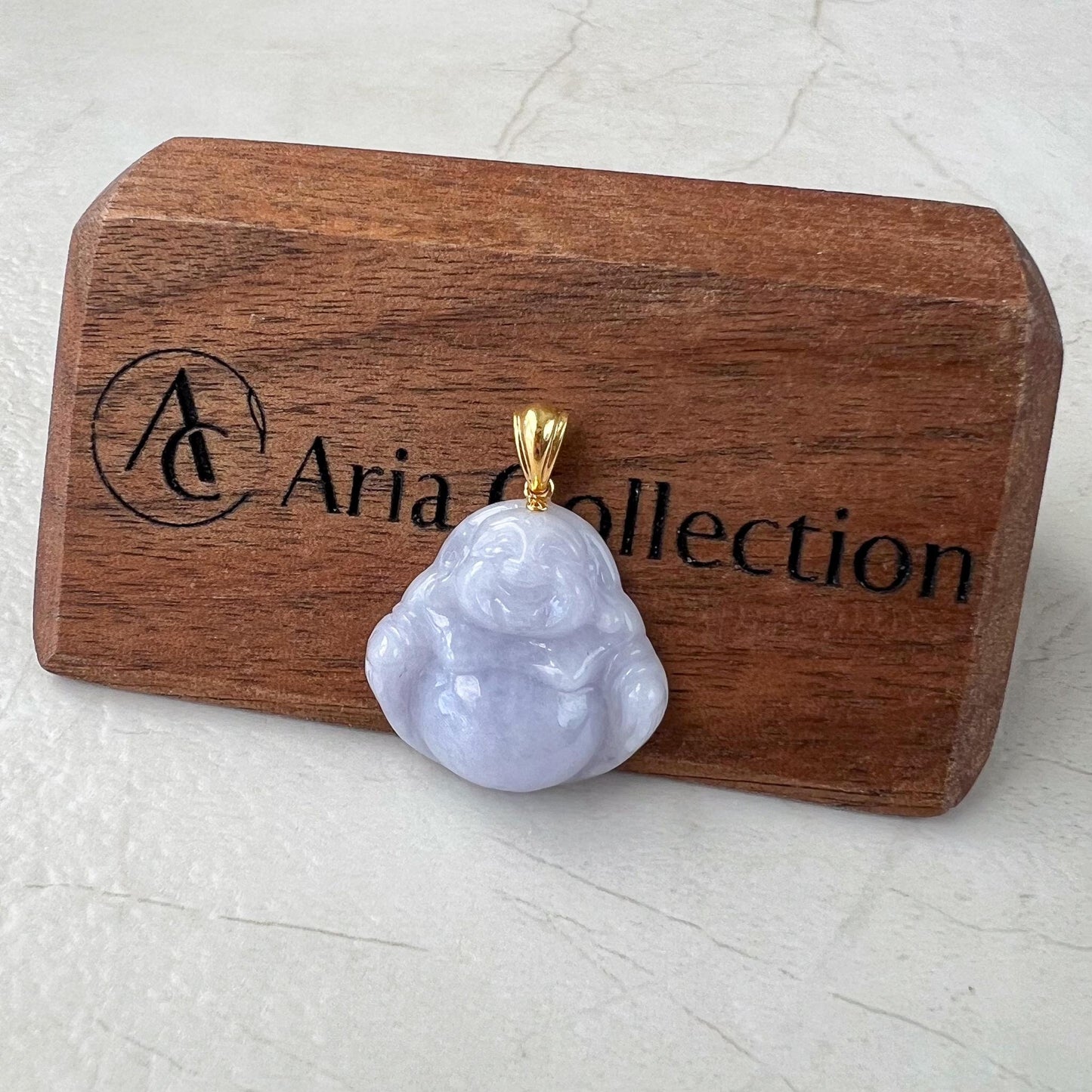 Small Purple Lavender Jadeite Jade Happy Buddha Carved Pendant with 18k Solid Gold Bail, YAR-0424-1728869981