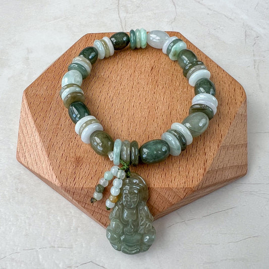 Jadeite Jade Guan Yin Kwan Yin, Avalokitesvara Carved Bracelet, 观音, YW-0110-1728960836