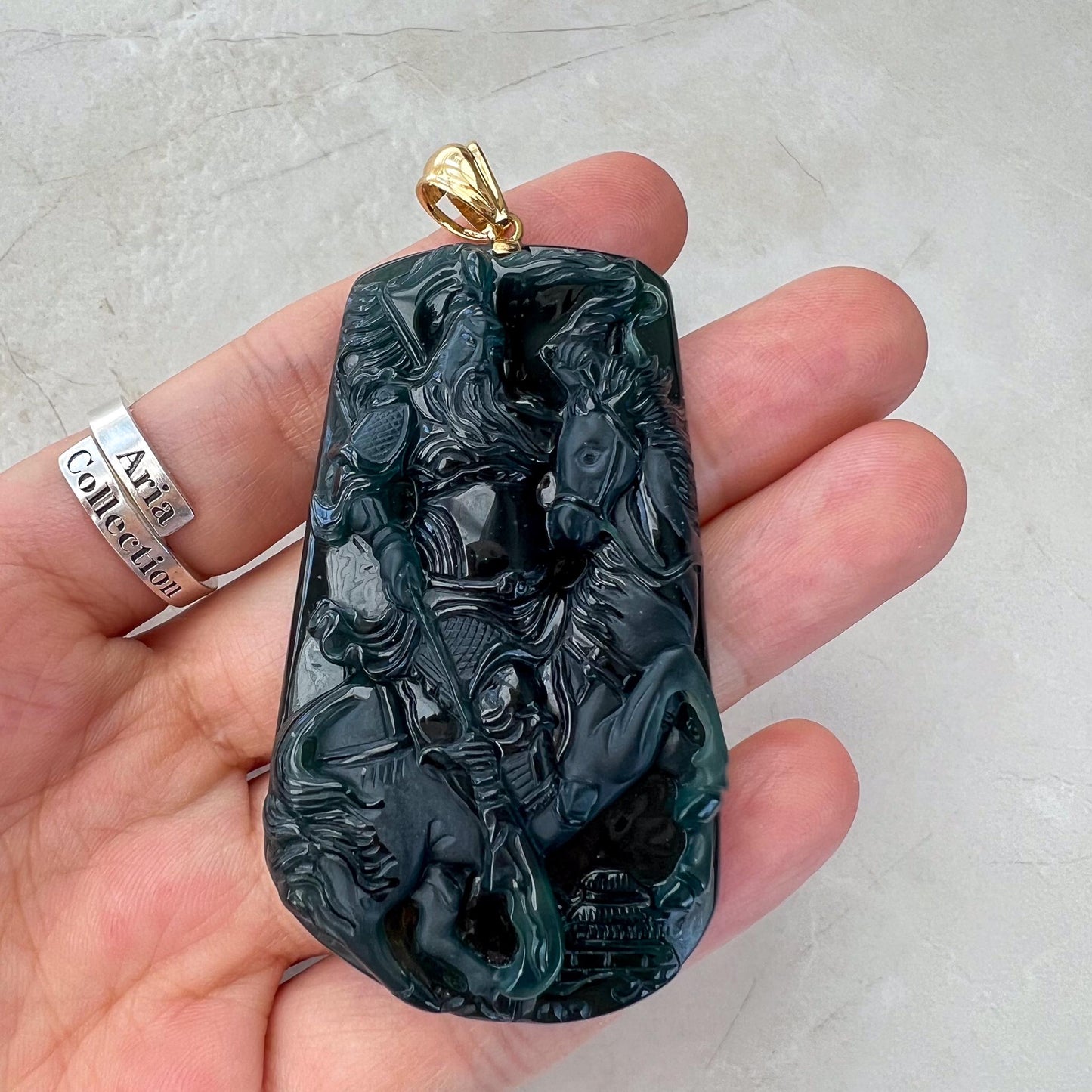 Valiant Guan Gong God of War Pendant with 18K Gold, Dark Green Jadeite Jade Hand Carved Pendant, 关公, ERI-0424-1729097518