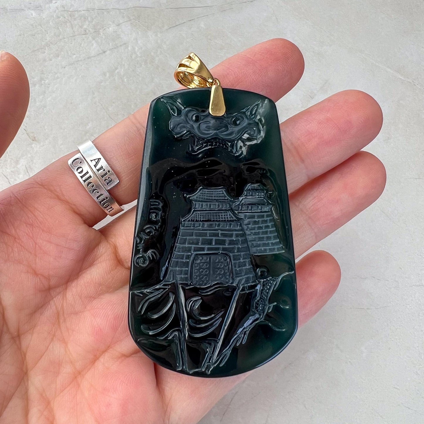 Valiant Guan Gong God of War Pendant with 18K Gold, Dark Green Jadeite Jade Hand Carved Pendant, 关公, ERI-0424-1729097518