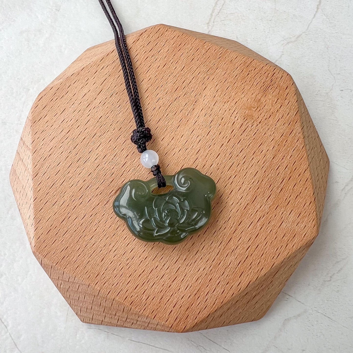 Lotus Ru Yi Luck Pendant, Ruyi Ru yi, 如意, Nephrite Jade Pendant Hand Carved Pendant, HST-0424-0530020