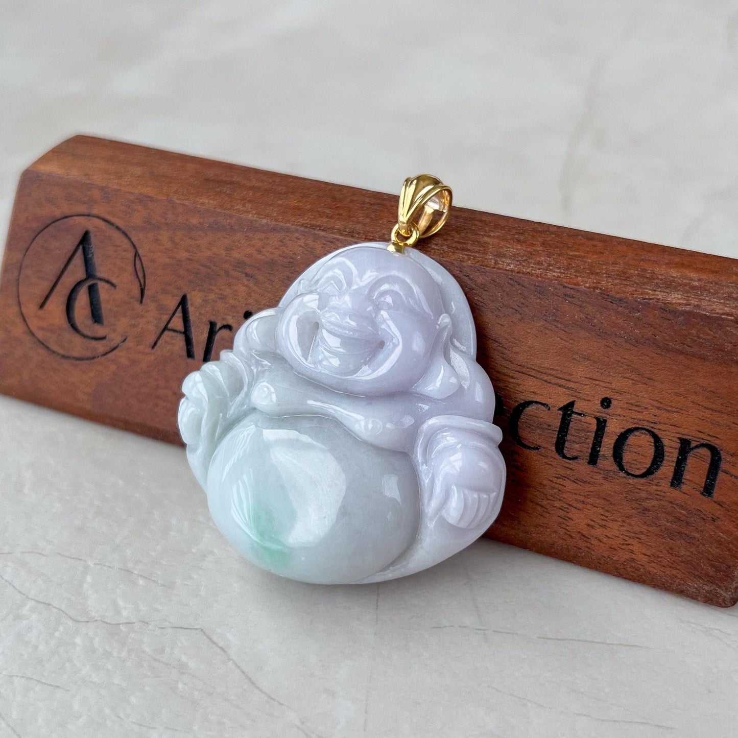 Large Jadeite Jade Large Happy Buddha Pendant, Light Purple Lavender Green Jadeite Jade with 18k Solid Gold Bail, YGR-0823-1729910998