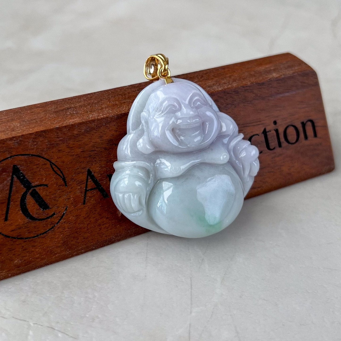 Large Jadeite Jade Large Happy Buddha Pendant, Light Purple Lavender Green Jadeite Jade with 18k Solid Gold Bail, YGR-0823-1729910998