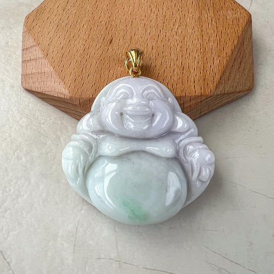 Large Jadeite Jade Large Happy Buddha Pendant, Light Purple Lavender Green Jadeite Jade with 18k Solid Gold Bail, YGR-0823-1729910998