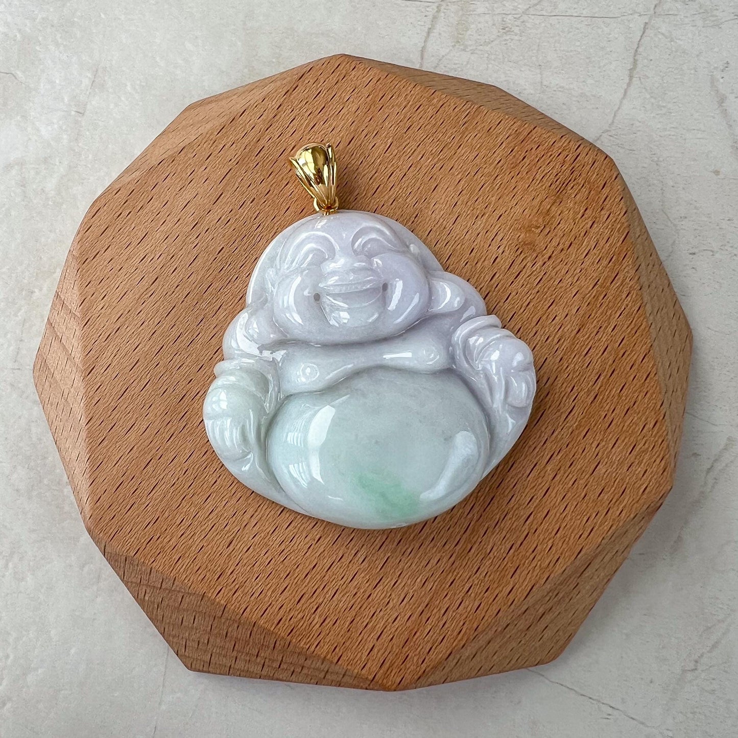 Large Jadeite Jade Large Happy Buddha Pendant, Light Purple Lavender Green Jadeite Jade with 18k Solid Gold Bail, YGR-0823-1729910998