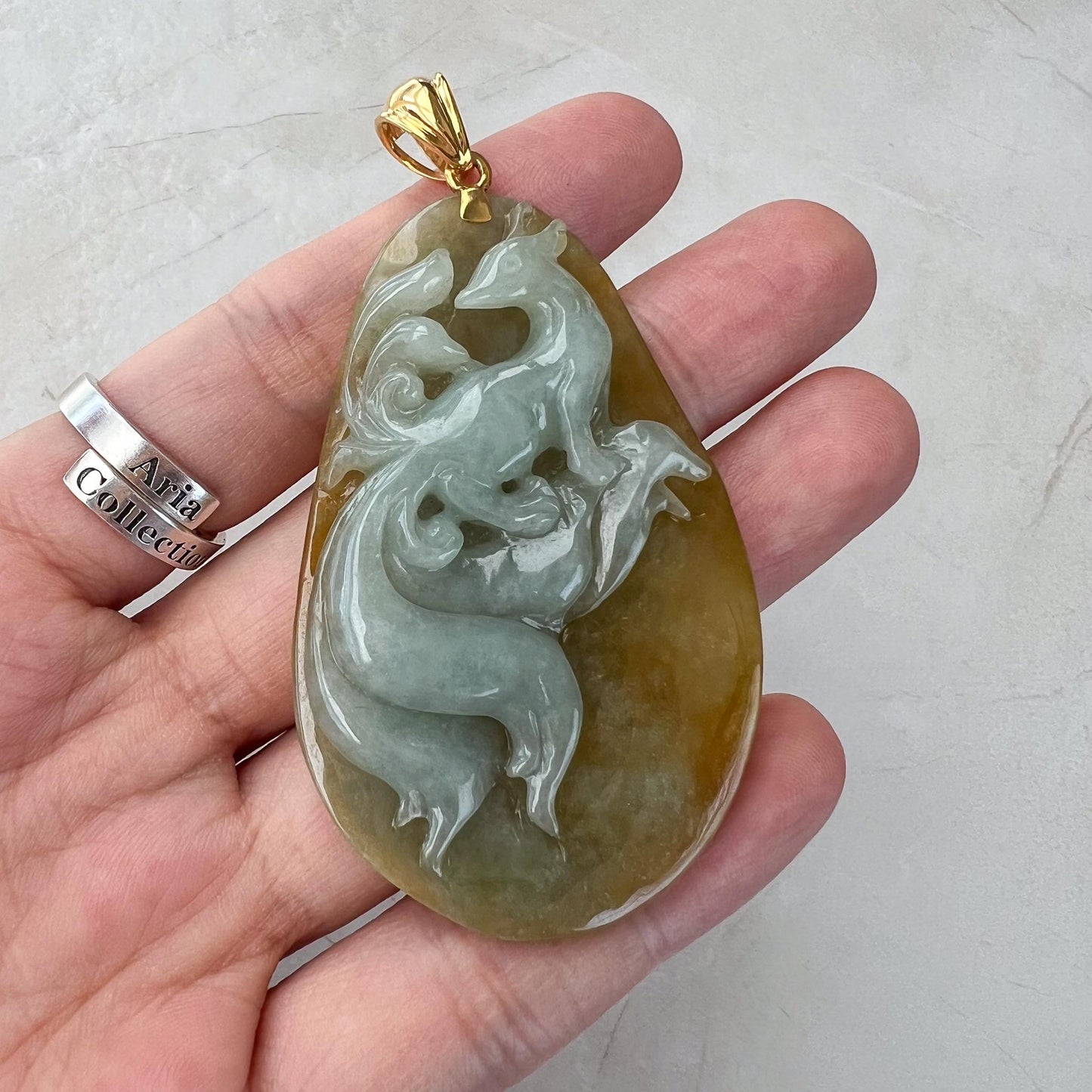 Golden Nine 9 Tail Fox Jade Pendant with 18K Gold, Yellow Jadeite Jade Hand Carved Pendant, YGR-1223-1729918732