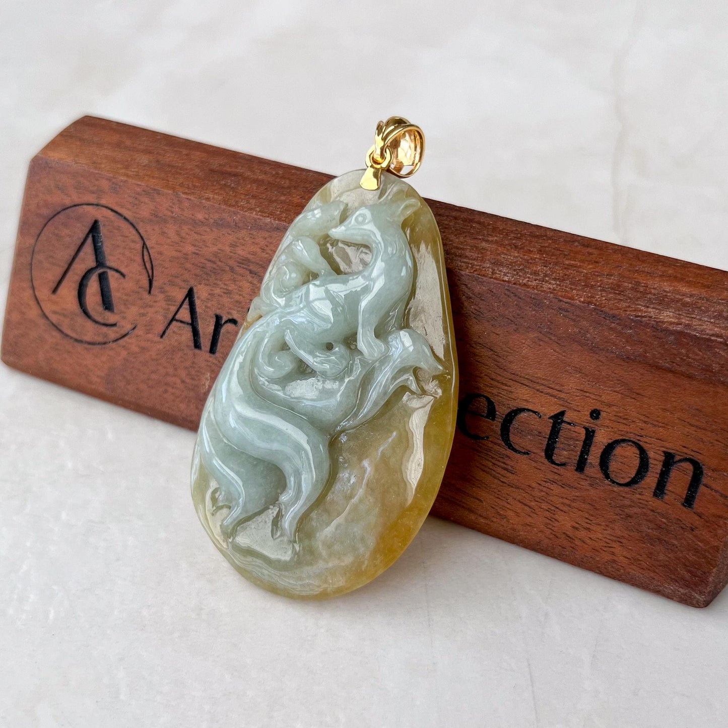 Golden Nine 9 Tail Fox Jade Pendant with 18K Gold, Yellow Jadeite Jade Hand Carved Pendant, YGR-1223-1729918732