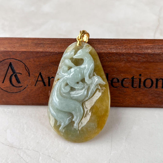 Golden Nine 9 Tail Fox Jade Pendant with 18K Gold, Yellow Jadeite Jade Hand Carved Pendant, YGR-1223-1729918732