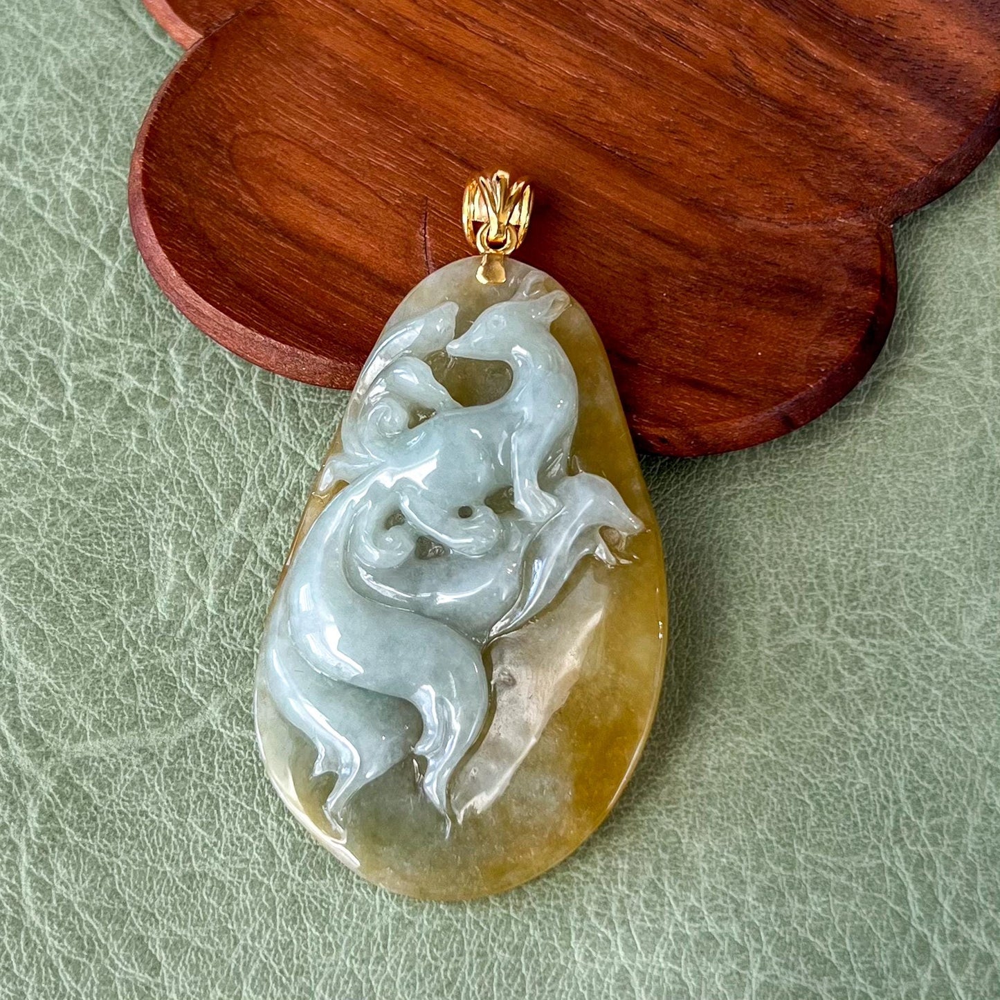 Golden Nine 9 Tail Fox Jade Pendant with 18K Gold, Yellow Jadeite Jade Hand Carved Pendant, YGR-1223-1729918732