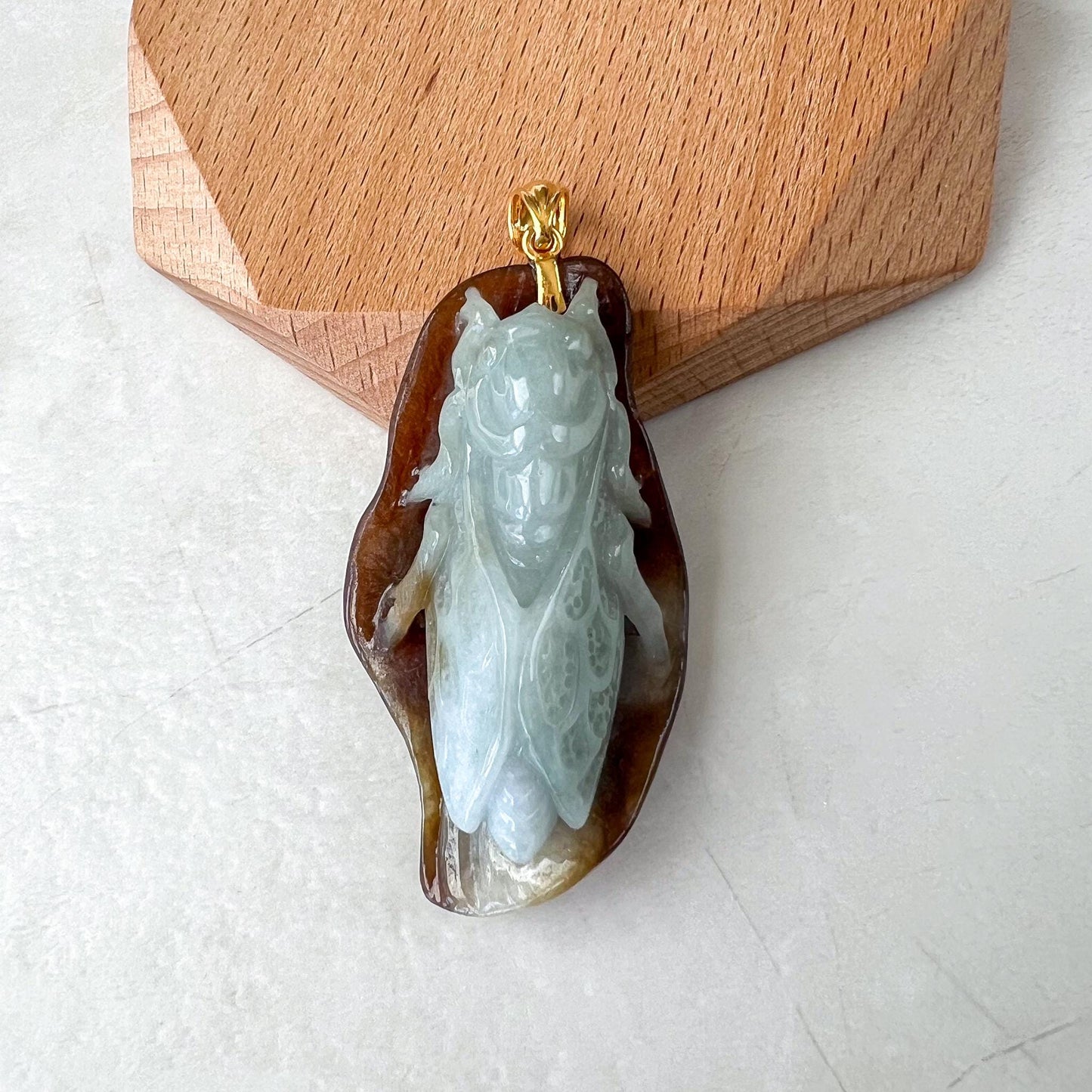 Cicada Autumn Leaf Jade Pendant, Yellow Red Jadeite Jade with 18K Gold Bail, Hand Carved Necklace, INA-0424-1729913291