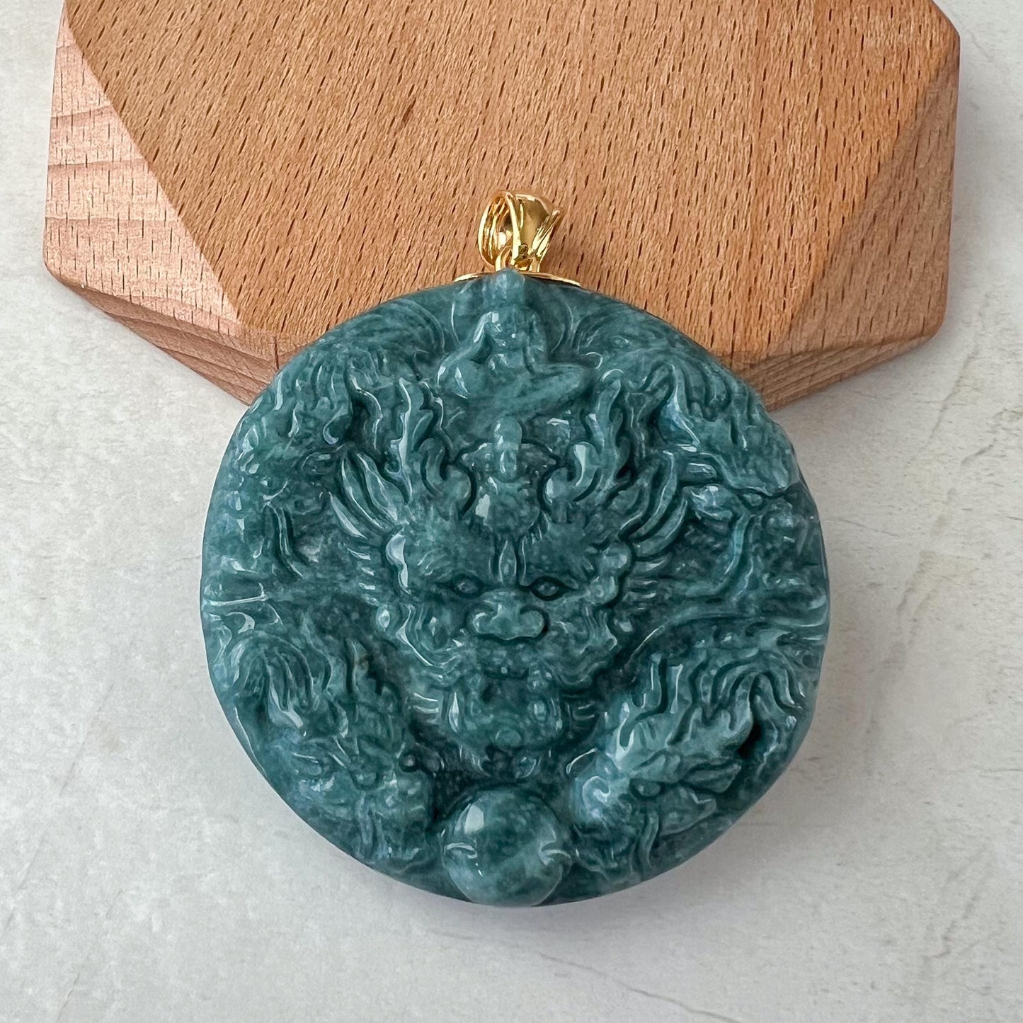 Nine Dragon Guardian Jade Pendant, Green Jadeite Jade 9 Dragon with 18K Solid Gold Pendant, Dual Sided Carved Pendant, ALV-0424-1729969365