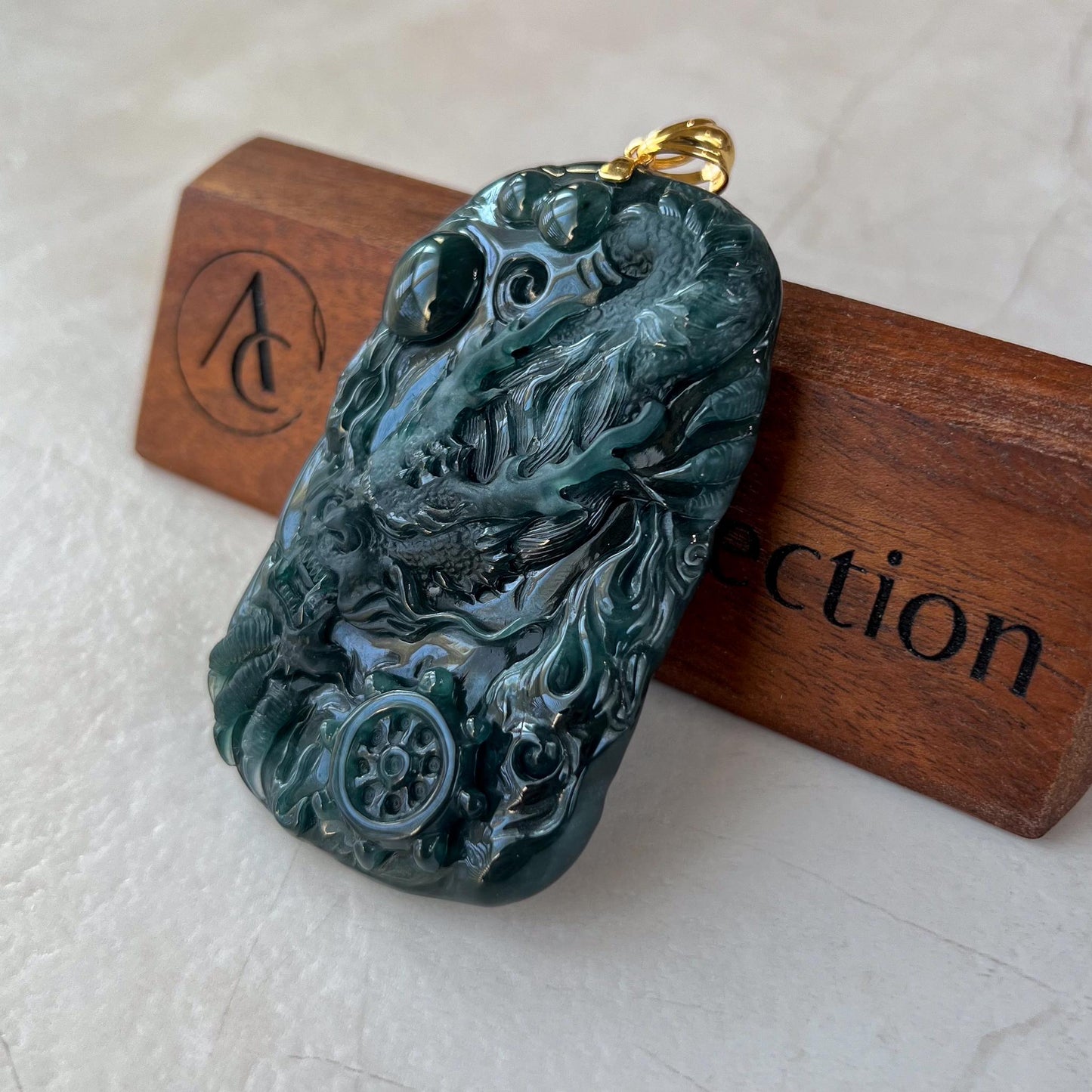 Celestial Navigator Dragon Jade Pendant, Large Jadeite Jade Hand Carved Dragon Pendant with 18K Solid Gold, CAN-0424-1729991279