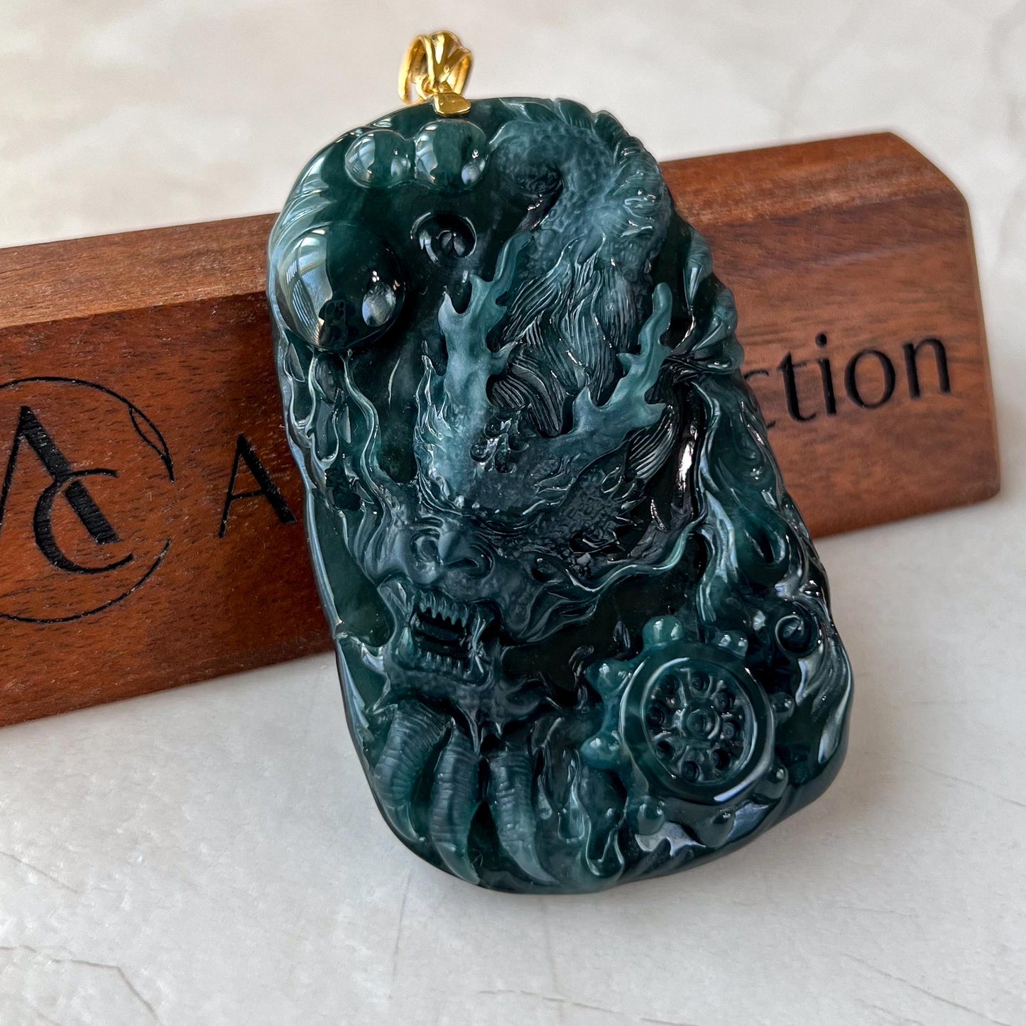 Celestial Navigator Dragon Jade Pendant, Large Jadeite Jade Hand Carved Dragon Pendant with 18K Solid Gold, CAN-0424-1729991279