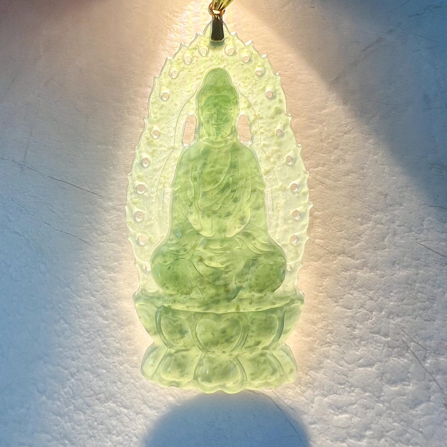 Divine Halo Guan Yin Jade Pendant, Jadeite Jade Guan Yin Avalokiteshvara Pendant with 18K Solid Gold Bail, Guanyin, 观音, MIR-0424-1730000152