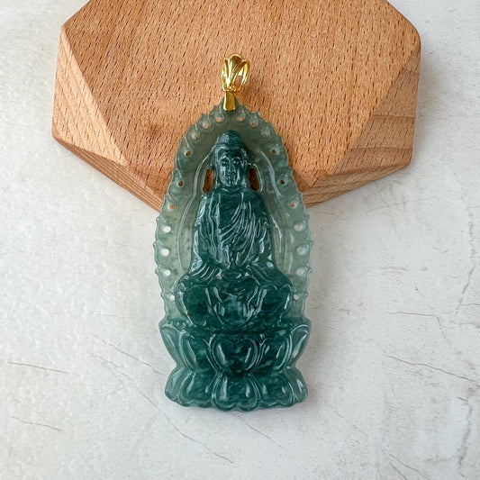 Divine Halo Guan Yin Jade Pendant, Jadeite Jade Guan Yin Avalokiteshvara Pendant with 18K Solid Gold Bail, Guanyin, 观音, MIR-0424-1730000152