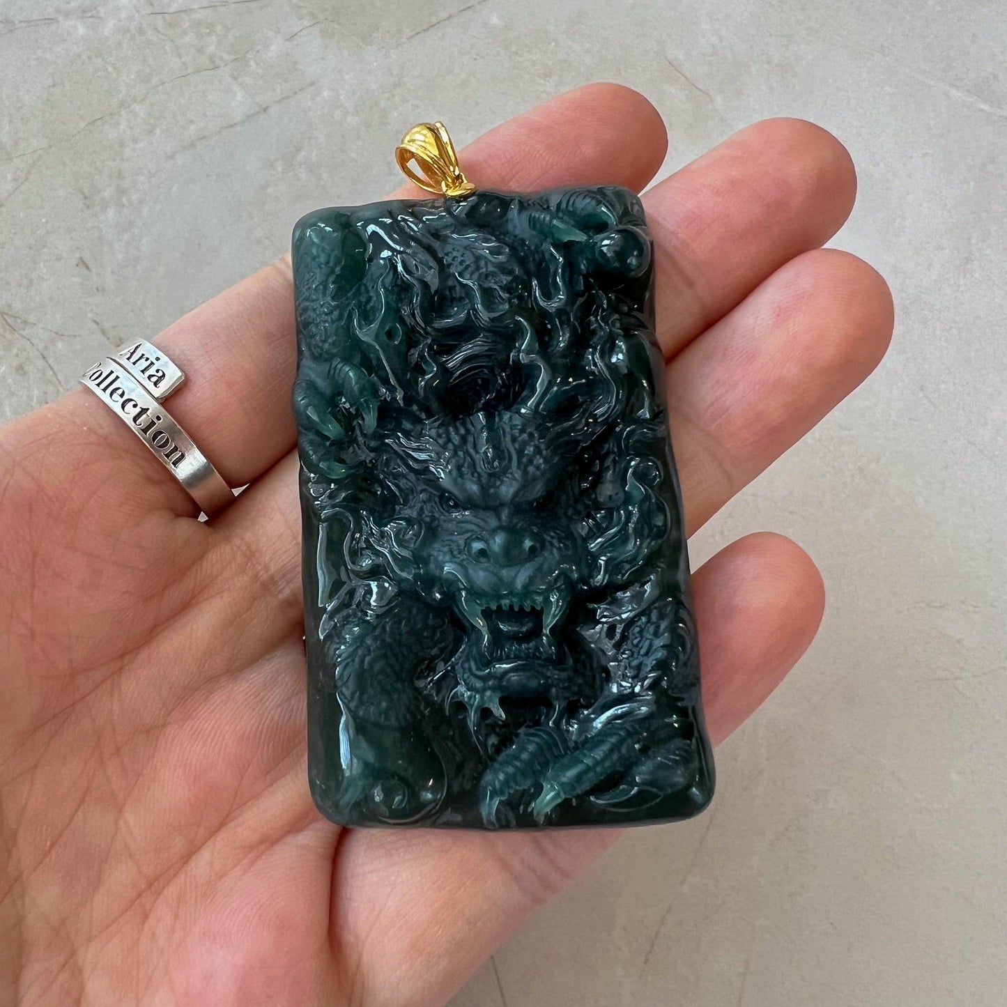 Stormborn Jade Dragon Pendant, Jadeite Jade Dragon Hand Carved Pendant with 18K Gold, VIC-0424-1730002752