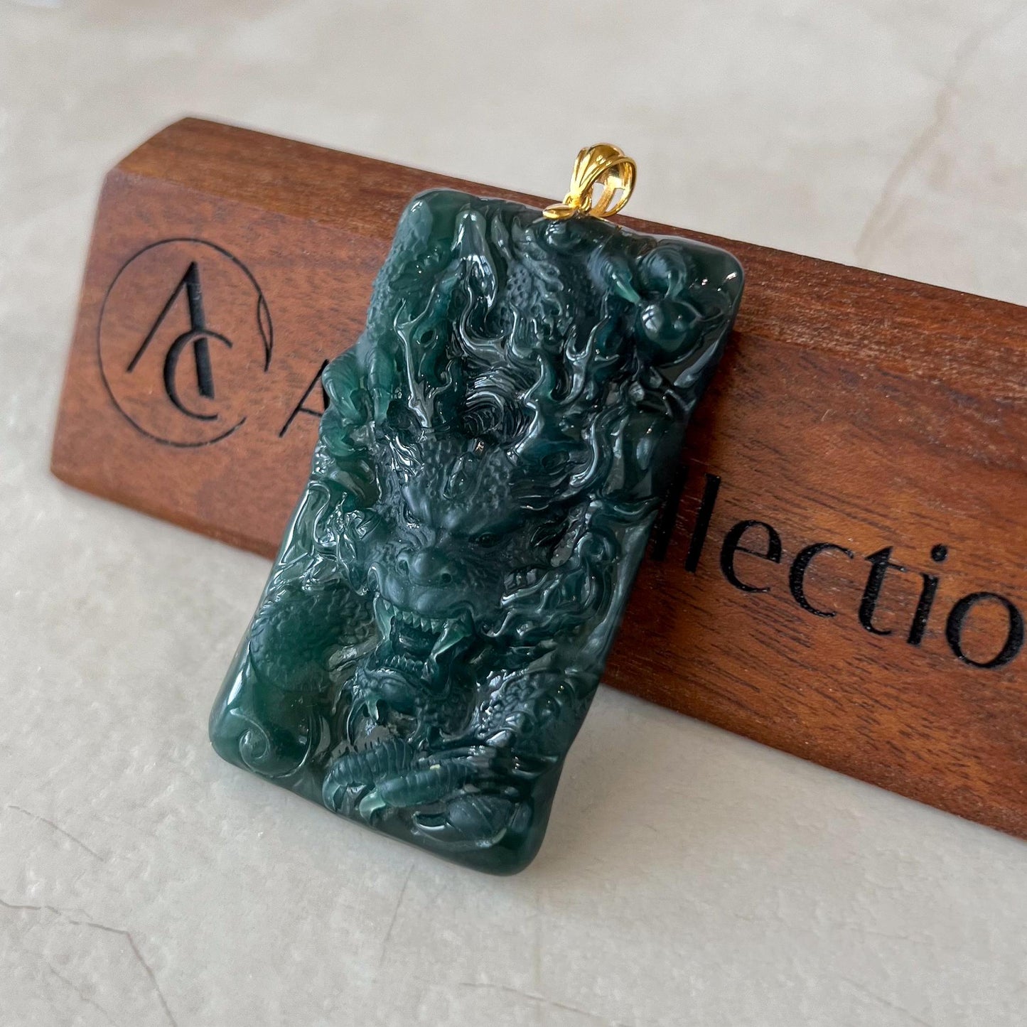 Stormborn Jade Dragon Pendant, Jadeite Jade Dragon Hand Carved Pendant with 18K Gold, VIC-0424-1730002752