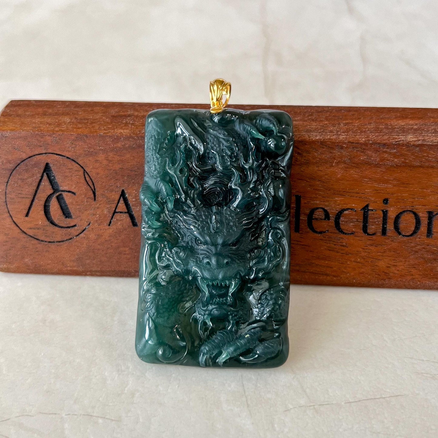 Stormborn Jade Dragon Pendant, Jadeite Jade Dragon Hand Carved Pendant with 18K Gold, VIC-0424-1730002752