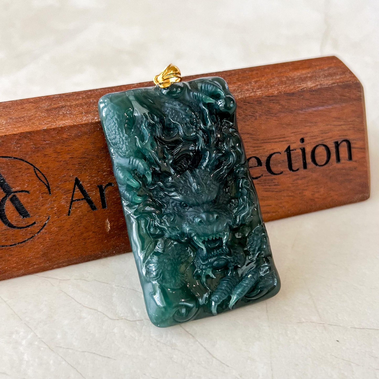 Stormborn Jade Dragon Pendant, Jadeite Jade Dragon Hand Carved Pendant with 18K Gold, VIC-0424-1730002752