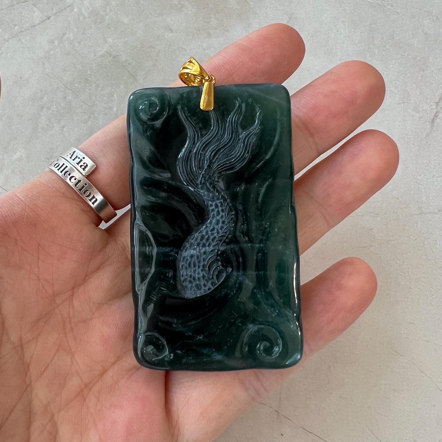 Stormborn Jade Dragon Pendant, Jadeite Jade Dragon Hand Carved Pendant with 18K Gold, VIC-0424-1730002752