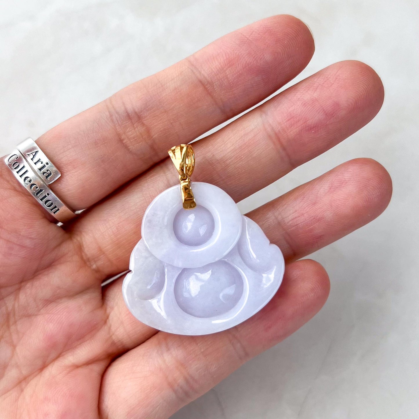 Purple Lavender Jadeite Jade Happy Buddha Carved Pendant with 18k Solid Gold Bail, DON-0424-1730318700