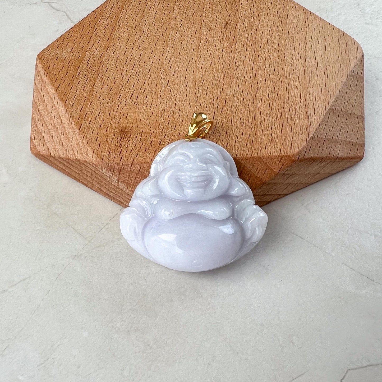 Purple Lavender Jadeite Jade Happy Buddha Carved Pendant with 18k Solid Gold Bail, DON-0424-1730318700