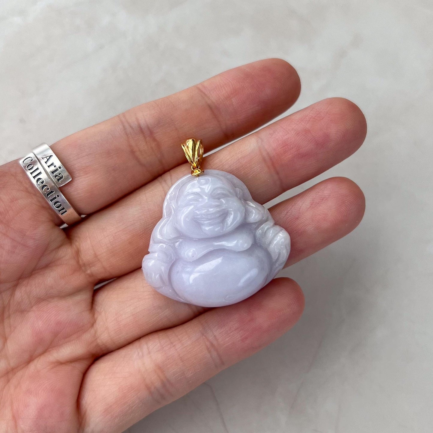 Purple Lavender Jadeite Jade Happy Buddha Carved Pendant with 18k Solid Gold Bail, DON-0424-1730318700