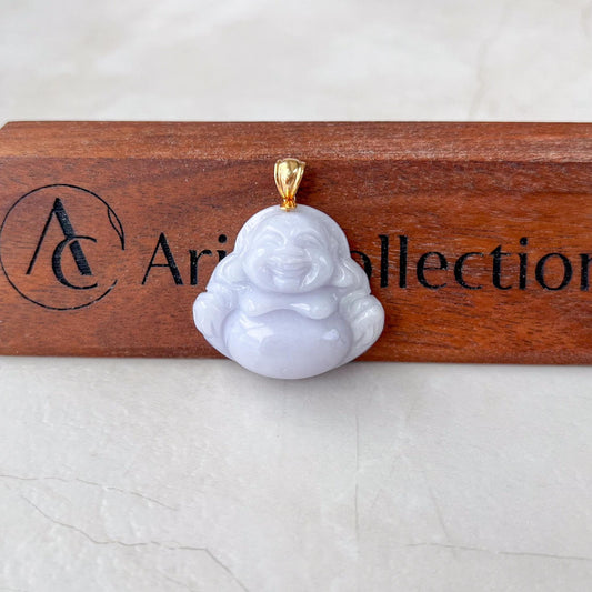 Purple Lavender Jadeite Jade Happy Buddha Carved Pendant with 18k Solid Gold Bail, DON-0424-1730318700