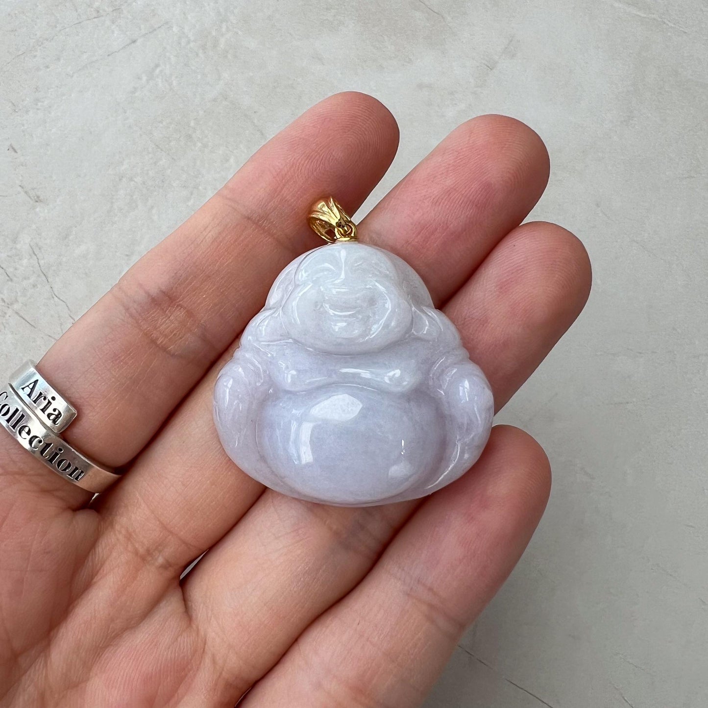 Purple Lavender Jadeite Jade Happy Buddha Carved Pendant with 18k Solid Gold Bail, DON-0424-1730318978