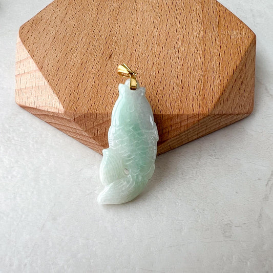 Light Green Koi of Fortune Jade Pendant, Jadeite Jade Small Fish Pendant with 18K Solid Gold Bail, YAR-0424-1732683504