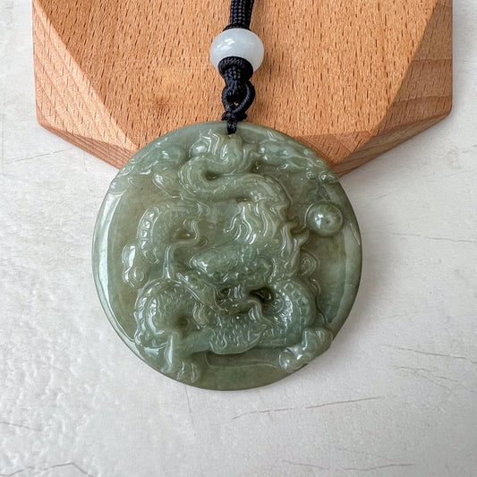 Green Jadeite Jade Dragon Chinese Zodiac Hand Carved Pendant Necklace, YJ-1022-0065393