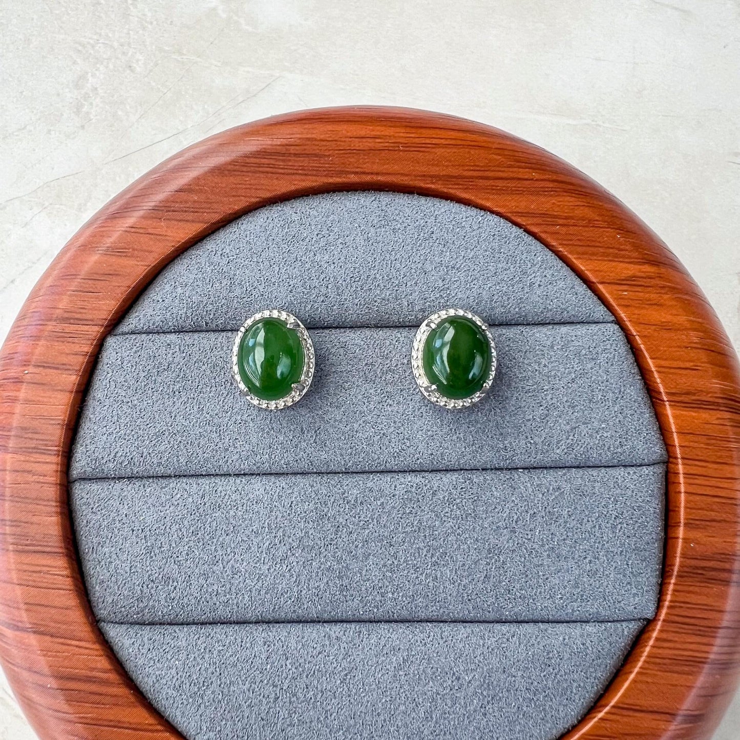 Green Jade Classic Earring Studs, Style 2, Green Nephrite Jade Sterling Silver Earrings, JSY-0424-12111