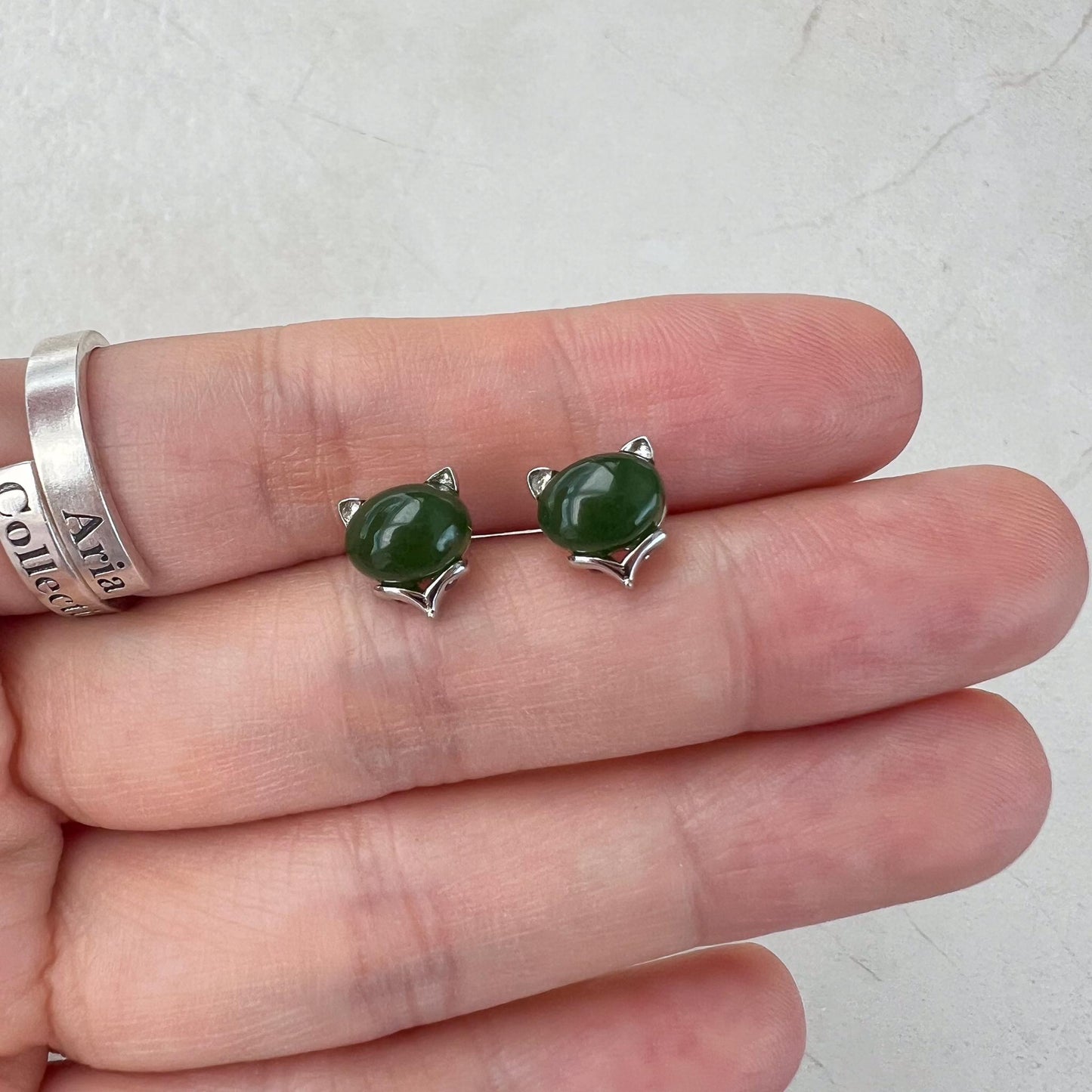 Minimalist Fox Ear Jade Earring Studs, Green Nephrite Jade Sterling Silver Earrings, JSY-0424-12117