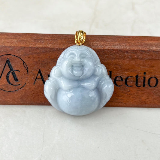 Purple Lavender Jadeite Jade Large Happy Buddha Carved Pendant with 18k Solid Gold Bail, YGR-0823-1734587275