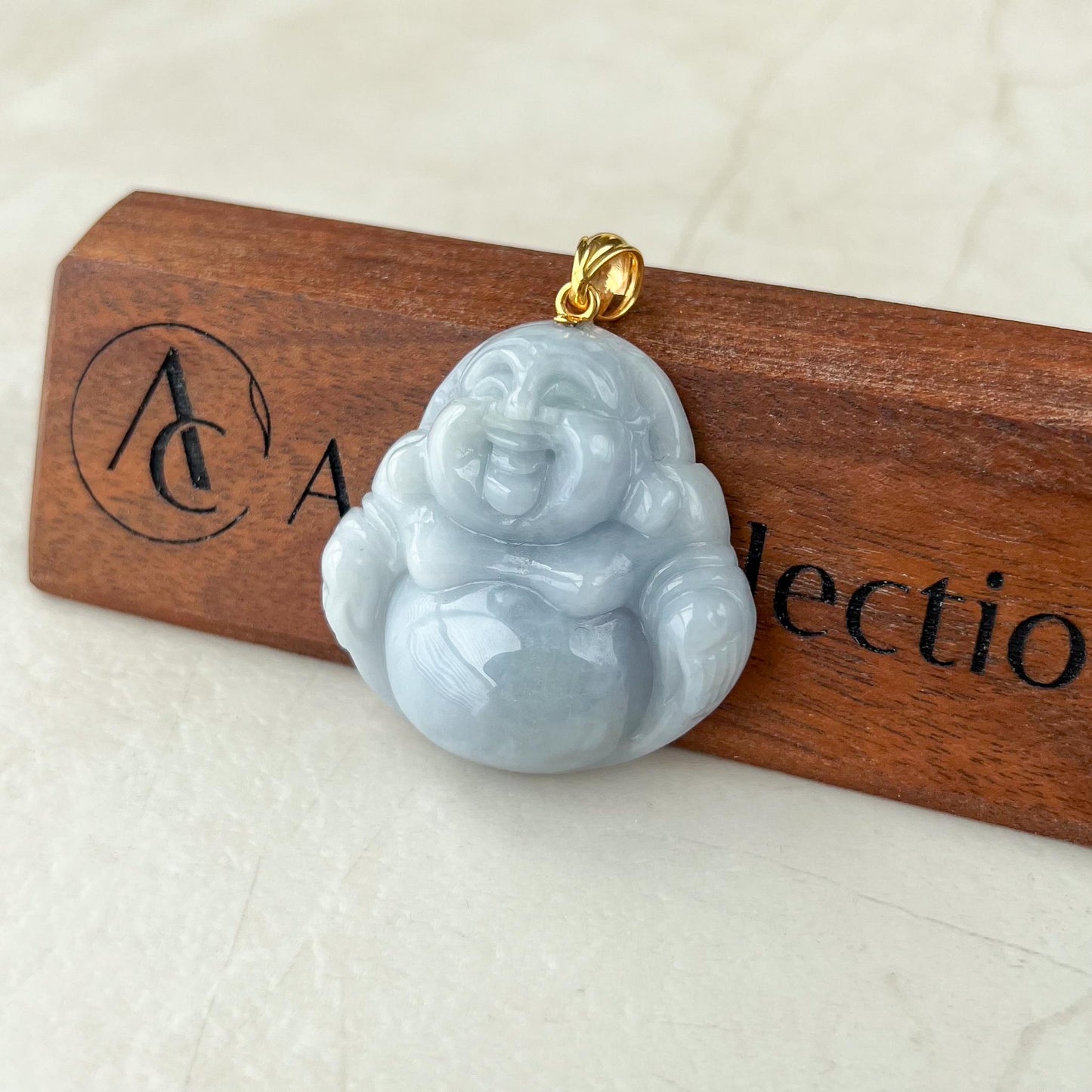 Purple Lavender Jadeite Jade Large Happy Buddha Carved Pendant with 18k Solid Gold Bail, YGR-0823-1734587275