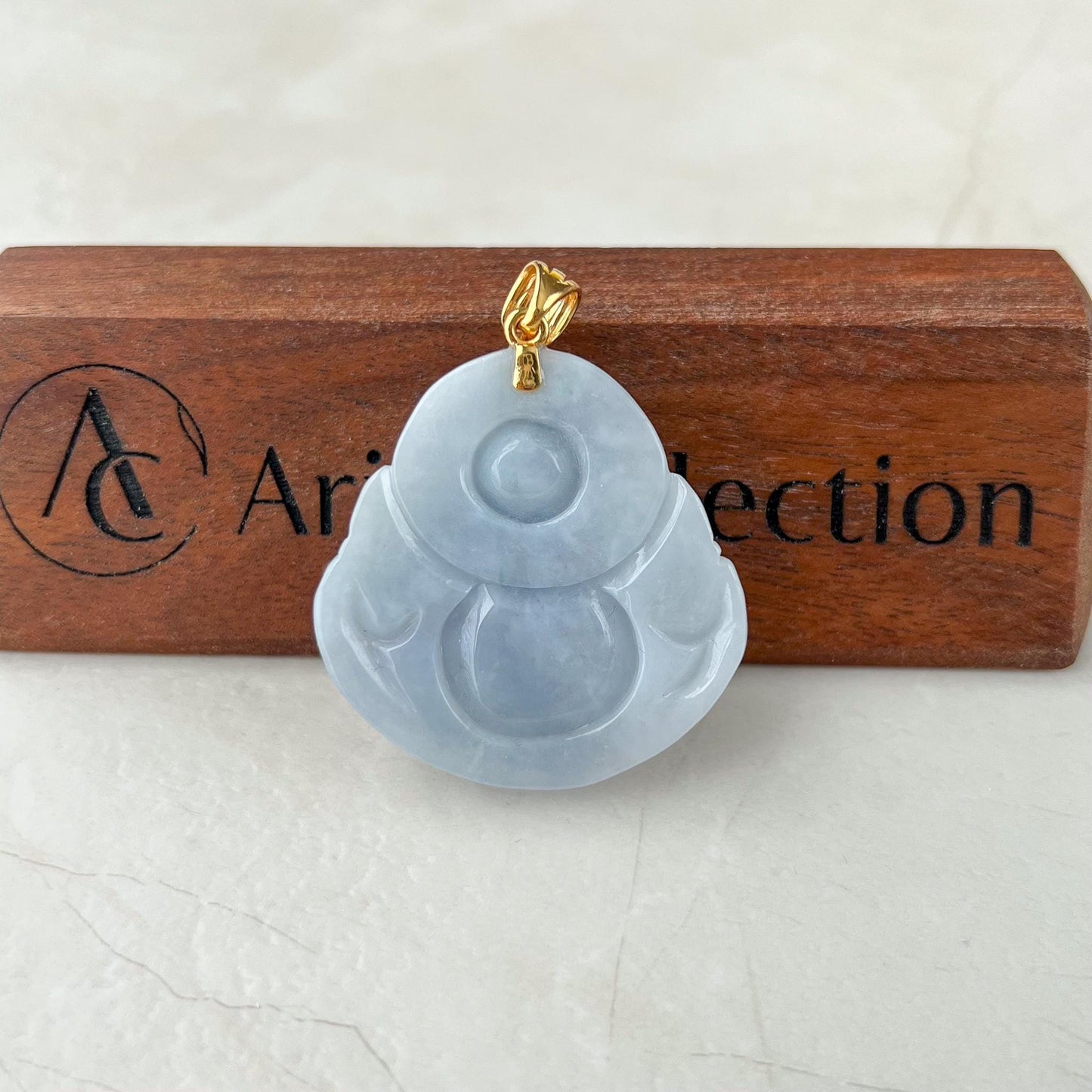 Purple Lavender Jadeite Jade Large Happy Buddha Carved Pendant with 18k Solid Gold Bail, YGR-0823-1734587275