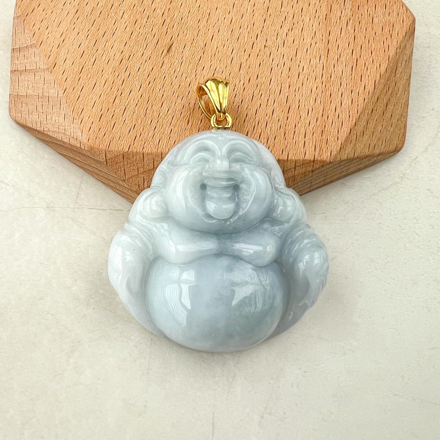 Purple Lavender Jadeite Jade Large Happy Buddha Carved Pendant with 18k Solid Gold Bail, YGR-0823-1734587275