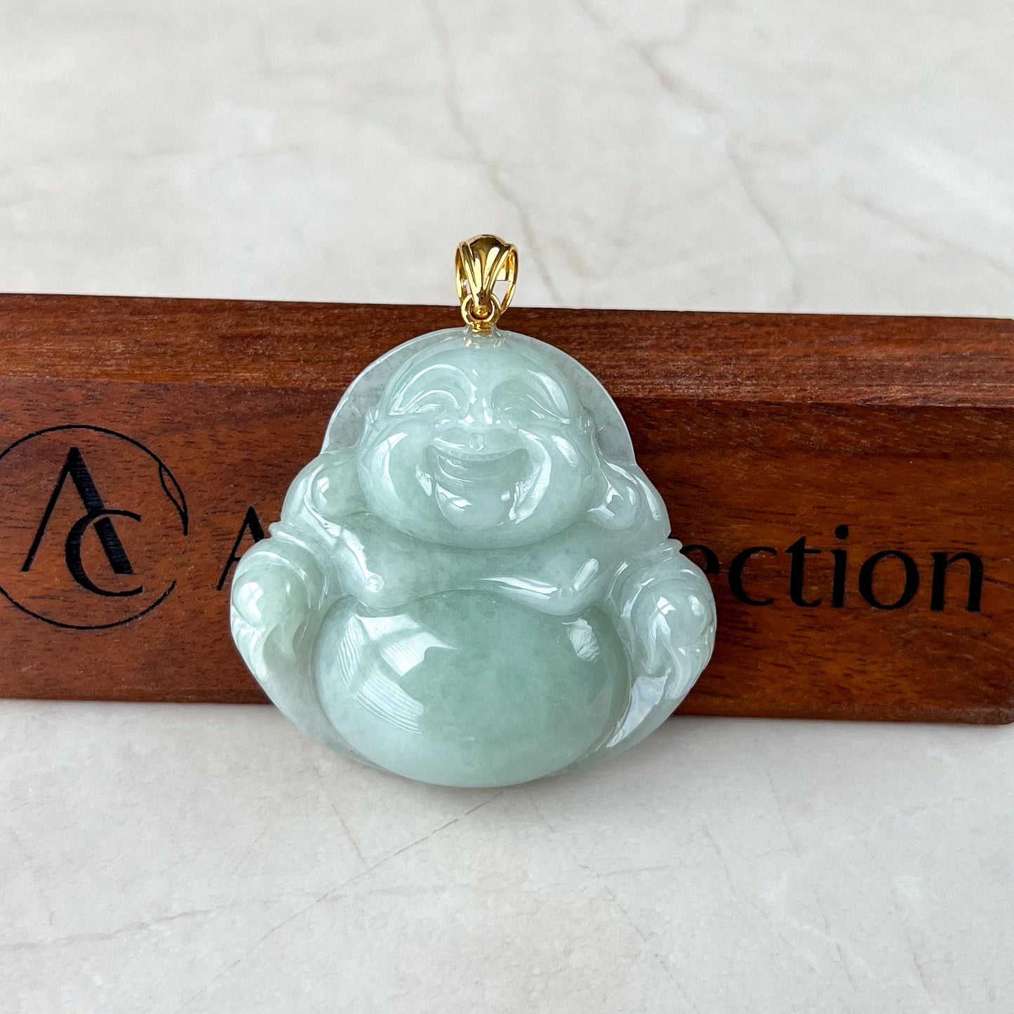 Very Large Jadeite Jade Large Happy Buddha Pendant, Light Green Jadeite Jade with 18k Solid Gold Bail, YGR-1124-1734817642